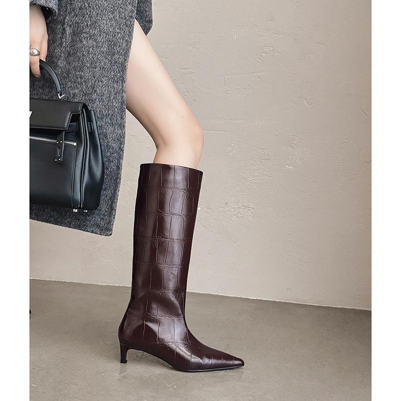 Fashion 2025 Autumn Women Boots Split Leather Women Shoes Pointed Toe Thin Heel Slip-on Knee High Boots Western Modern Ladies Boots
