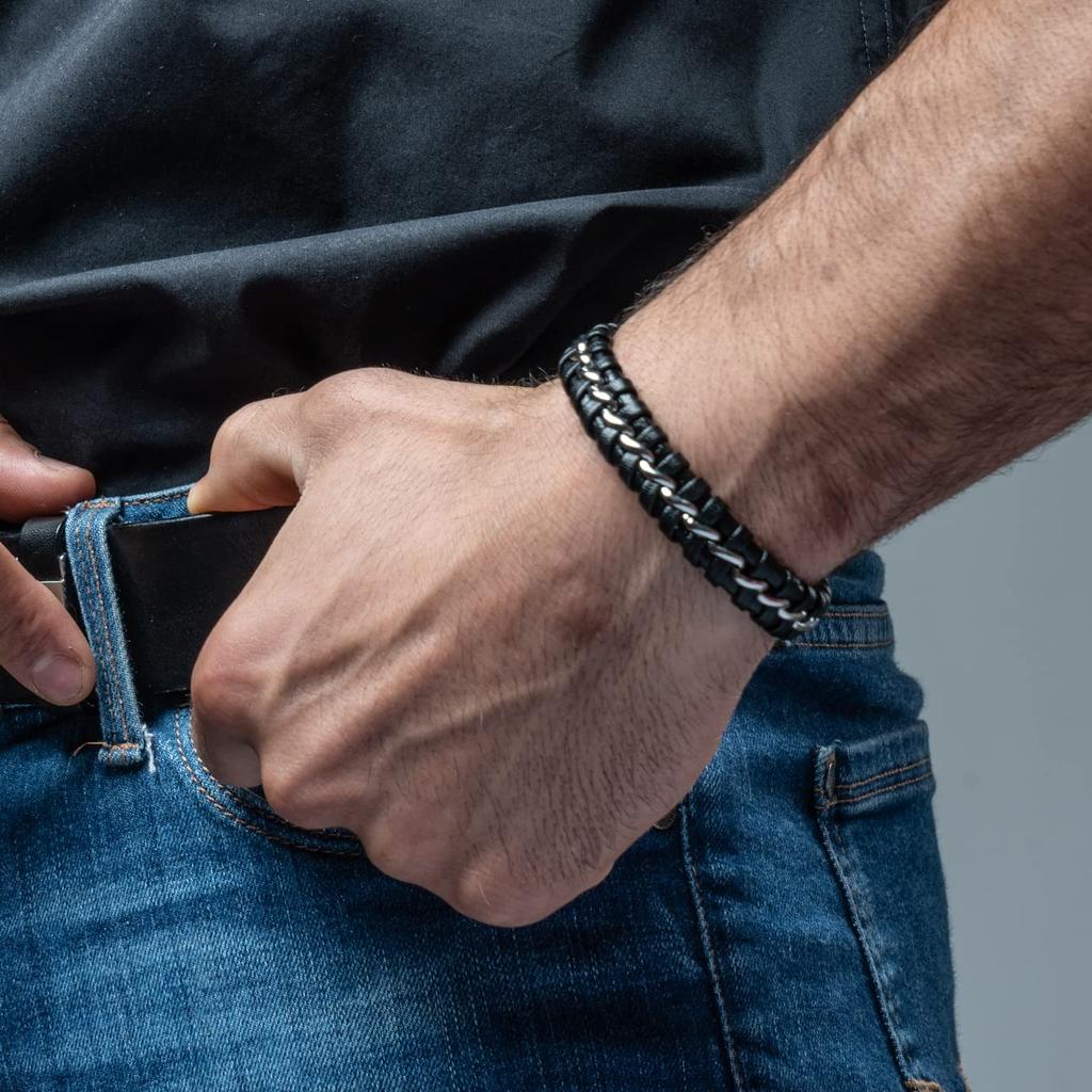 20cm Sølvarmbånd for Menn Gaveeske Ekte Lær Kuskinn Flettet Justerbar Magnetisk Lås Wrap Smykkeskrin Tau for Menn Gutter Båndsmykker
