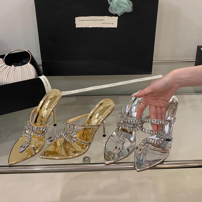 Fashion 2025 New Pointed-Toe High Heels, Women'S Sandals, Thin Heels, Summer Snake-Shaped Rhinestone Flip-Flops