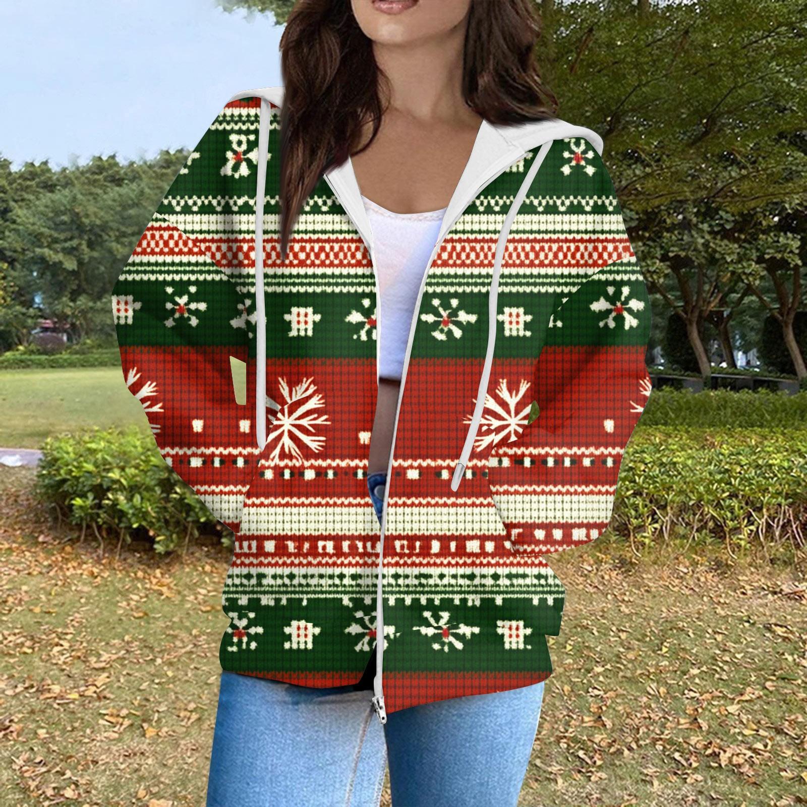 

Женская модная повседневная толстовка с рождественским принтом и длинными рукавами, карманная куртка, пальто с капюшоном на молнии M киноварь