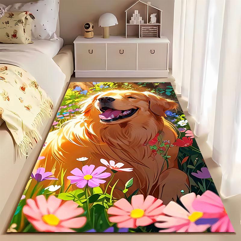 Golden Retriever in Flower Field suitable as a non-slip mat for the living room or bedroom sofa