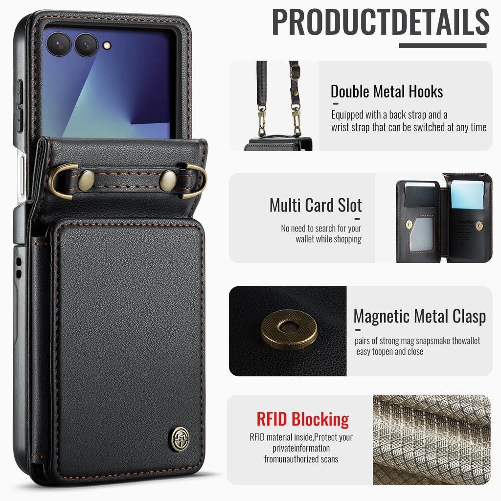 Samsung Galaxy ZFlip7/6/5 Leder Handyhülle mit Umhängeband und Kartenhalter