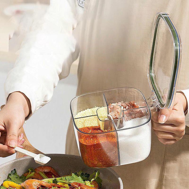 4 Grids Salt Pepper Seasoning Box Transparent Lid Spice Jar Chili Powder Sugar Bowl Condiments Storage Container Kitchen Gadgets