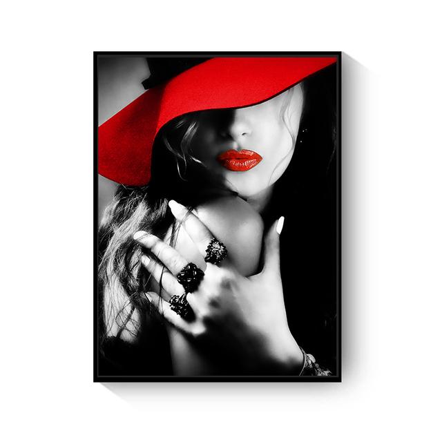 Modern Fashion Women's Red Lip Nail Wall Art Sexy Women's Masked Oil Painting Nordic