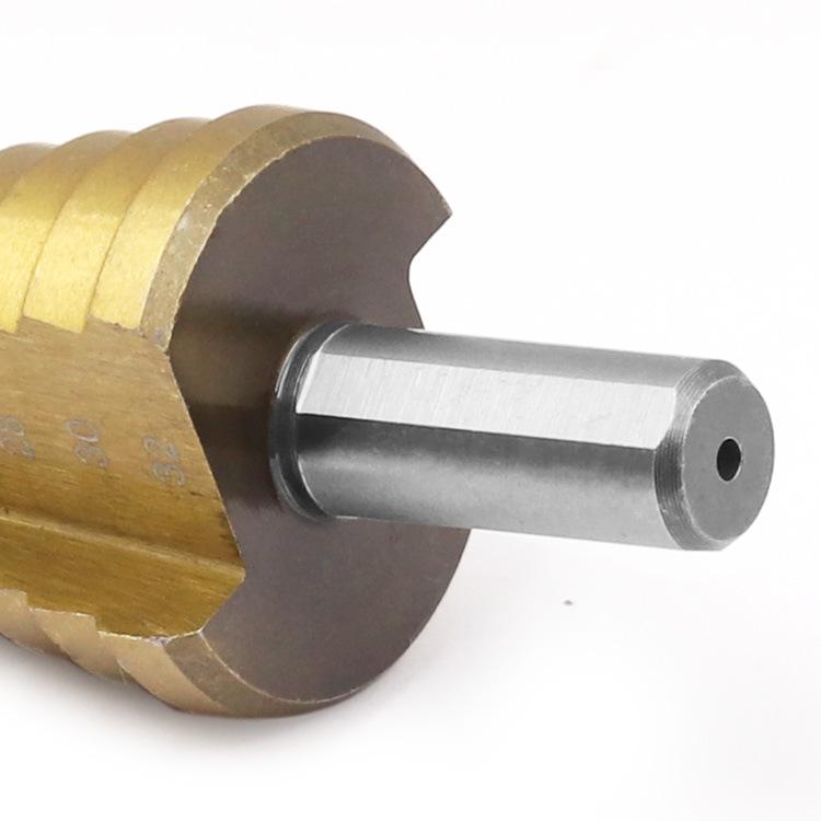 6-Piece Titanium-Plated Pagoda Step Drill Bit Set with Triangle Shank for Woodworking and Grooving