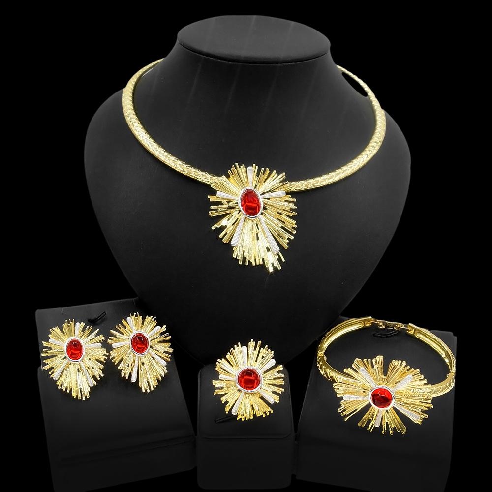 

Модный гальванический комплект ювелирных изделий из золотого цинкового сплава Дубая, ожерелье, браслет, серьги из четырех частей, женский