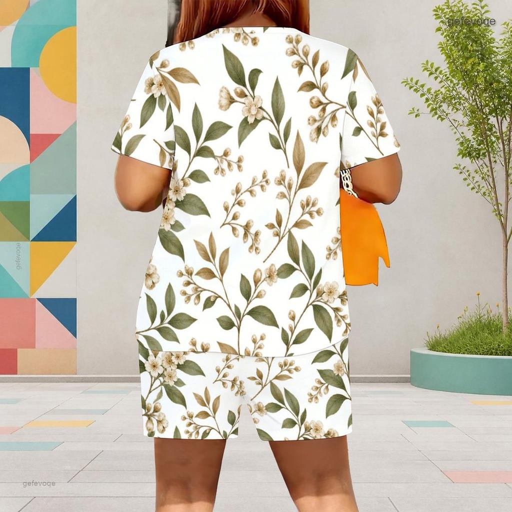 Women Plus Size Floral Leaf Printed Round Neck Short Sleeve Top Pocket Shorts Two Piece Set