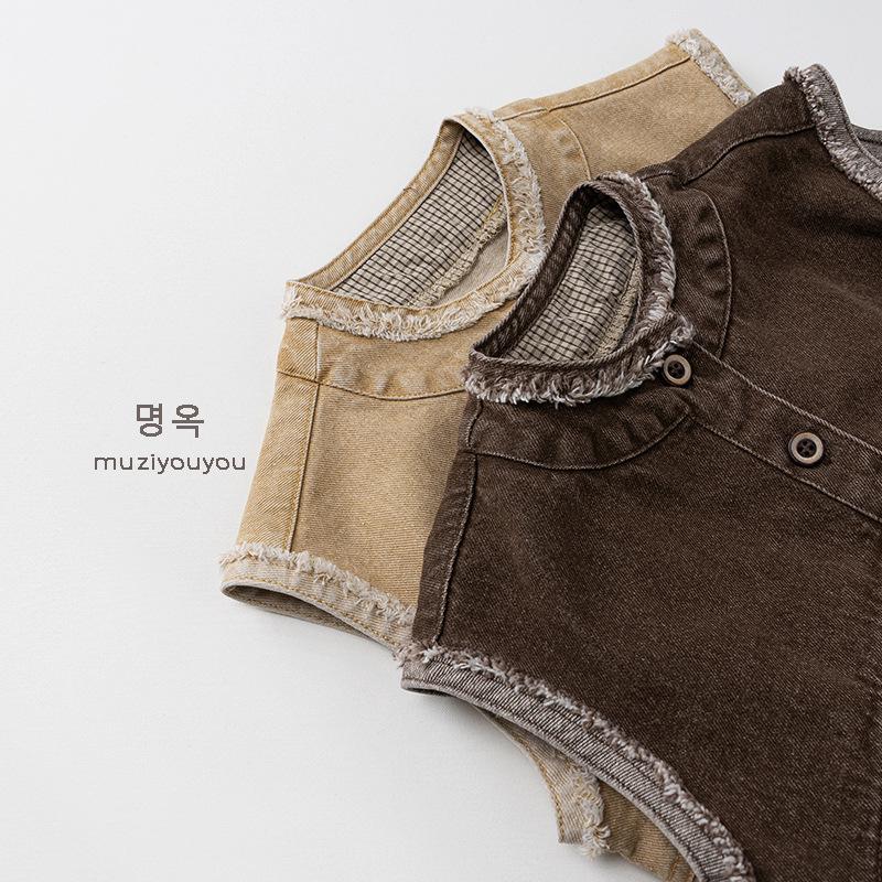 Vintage Unisex Kids Solid Sleeveless Cardigan Vest Casual Baby Outerwear