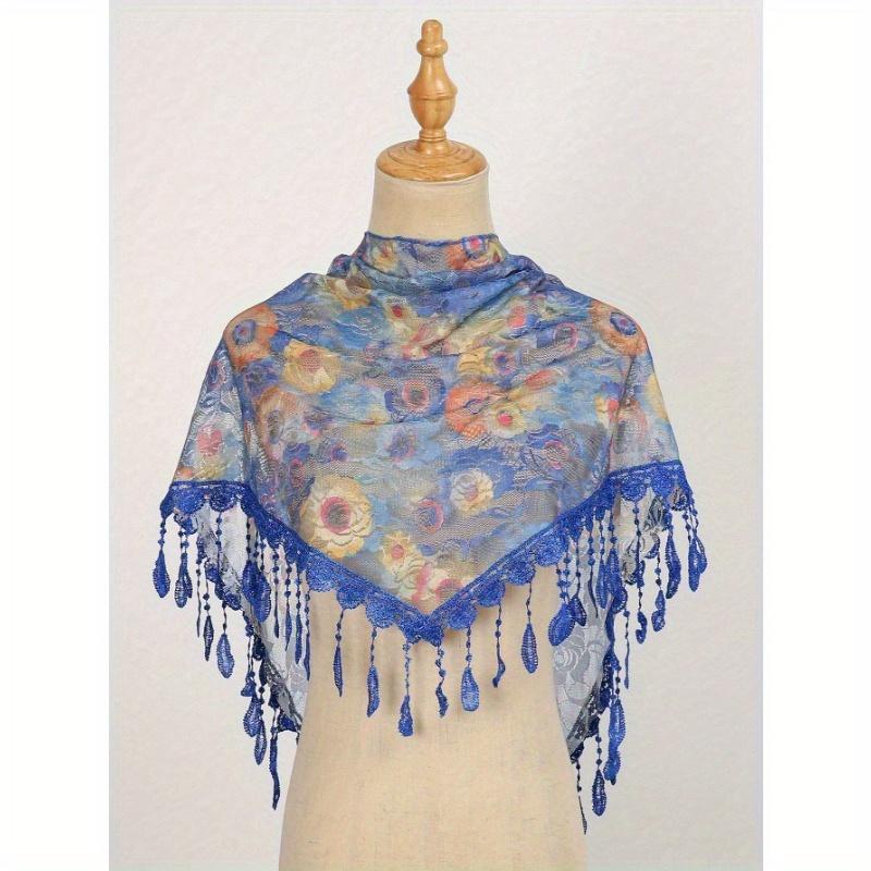 1pc Fashionable Colorful Rose Floral Print Lace Tassel Shawl Scarf, Suitable For Everyday Wear