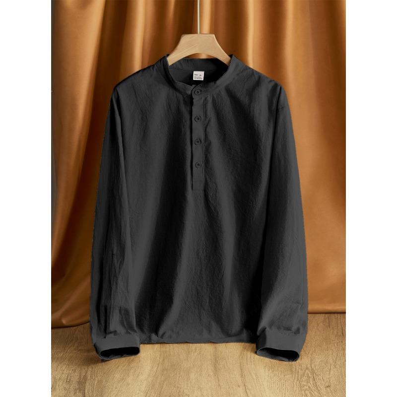 2026 Men's Loose Linen Solid Color Long Sleeve Stand Collar Top Men's Casual Shirt