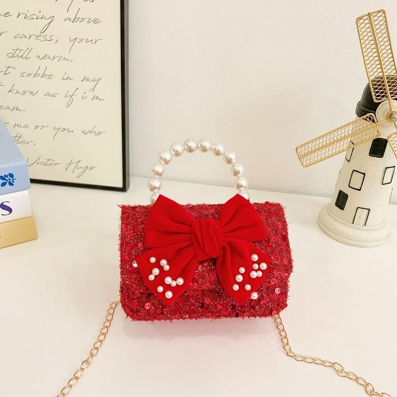 Kids Red Delightful Handbag With Stylish Chain And Charming Bow For Style Daily