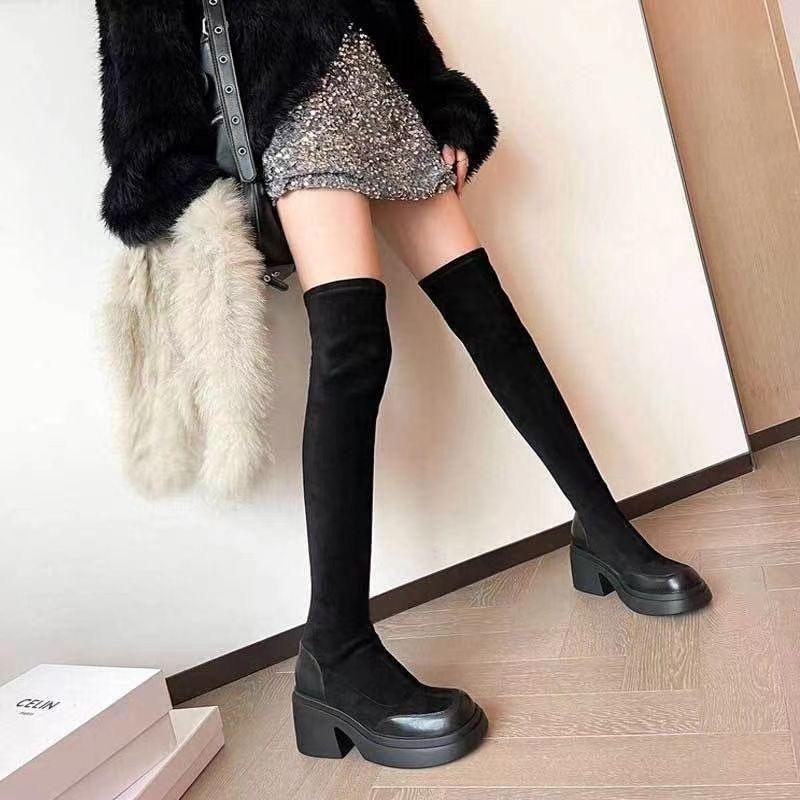 Thick-soled Long Tube Over the Knee Elastic Boots Tall Boots Autumn and Winter Versatile Thin Boots Women's Heightening Elastic Boots