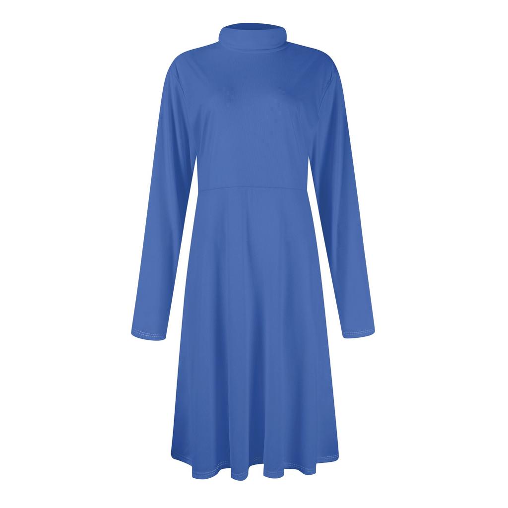 Women's Casual Fashion High Neck Long Sleeve Color Midi Dress