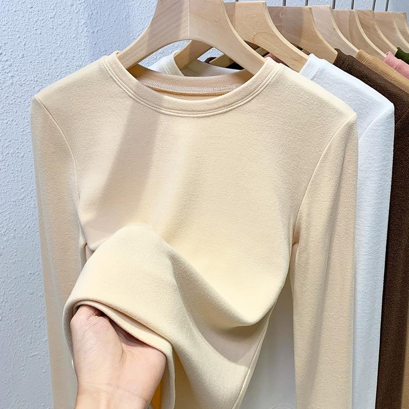 Double Sided German Velvet Base Shirt for Women's Autumn and Winter Basic Round Neck Brushed Long Sleeved Warm Inner Elastic Top