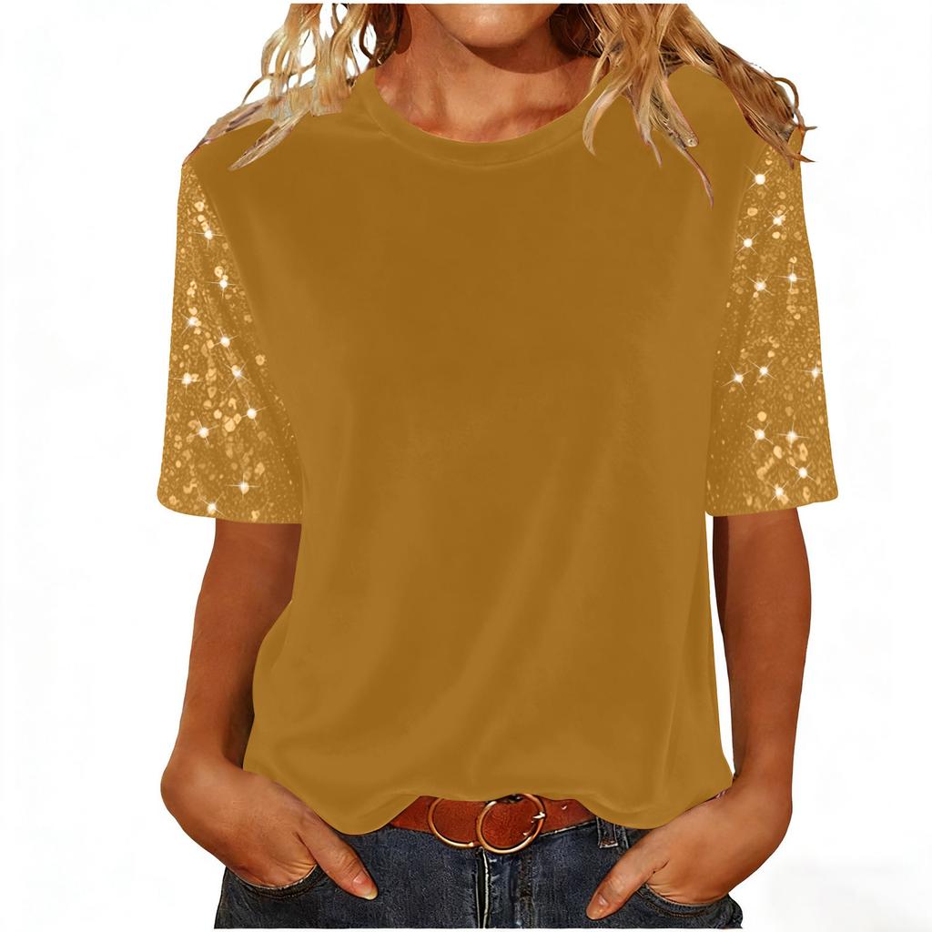Women's Fashion Casual Round Neck Short Sleeve Patchwork Sequined Top
