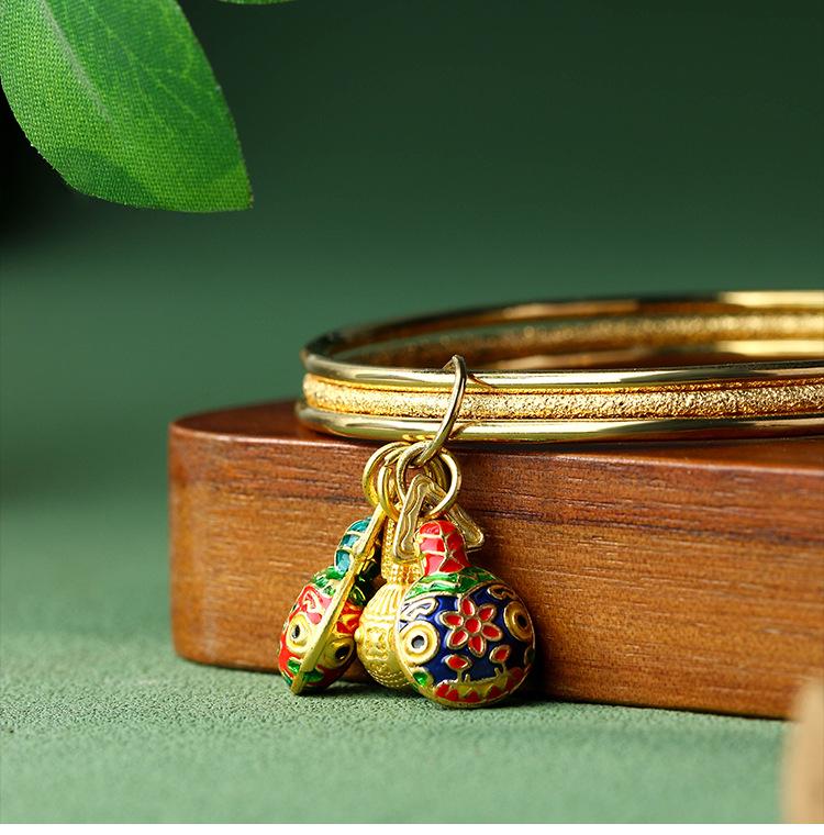 Original National Trend Style Blue Enamel Gold-Plated Bangle with Lapis Lazuli and Swallowing Gold Beast Motif.