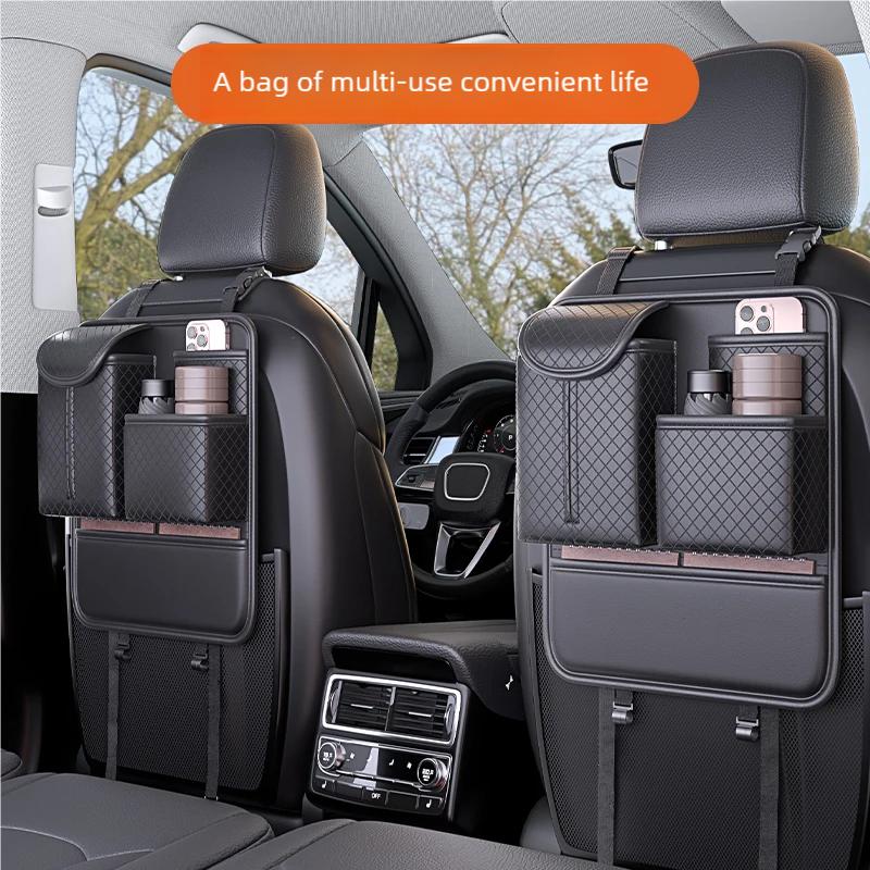 Quilted Car Seat Back Organizer Storage Bag High Capacity Multi Pocket Tissue Box Holder Automotive System
