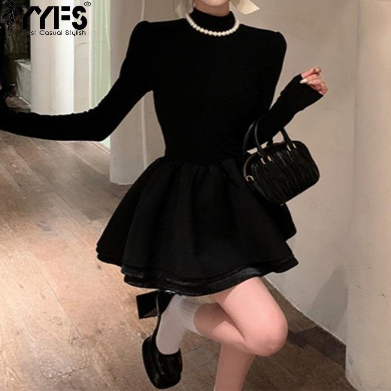 

YYFS Женская мода весна осень однотонный принт длинный рукав полуводолазка высокая талия повседневные платья S чёрный