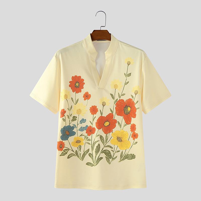 INCERUN Oversized Casual Men Lapel Short Sleeve Print Buttons Shirts