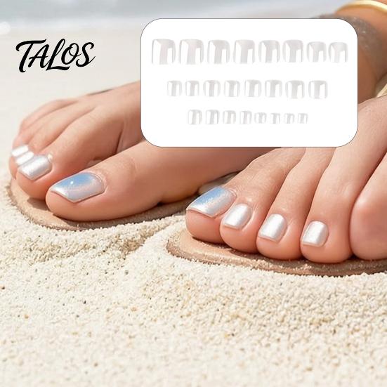 Women Toenail Covers 24Pcs Pearlescent White Press on Toenails, Short Square Stick-on Fake Nails Glossy Toenails for Women, Removable Glue False