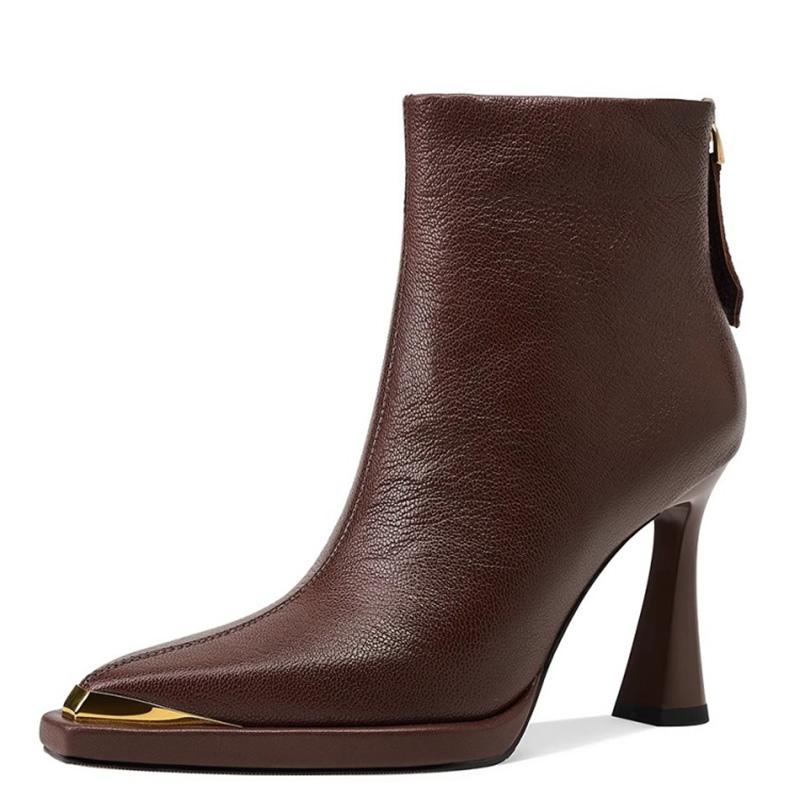 Fashion Design Style Metal Toe Women Ankle Boots Autumn Winter Slim Short Booties Fashion Back Zippers Square Heels Shoes