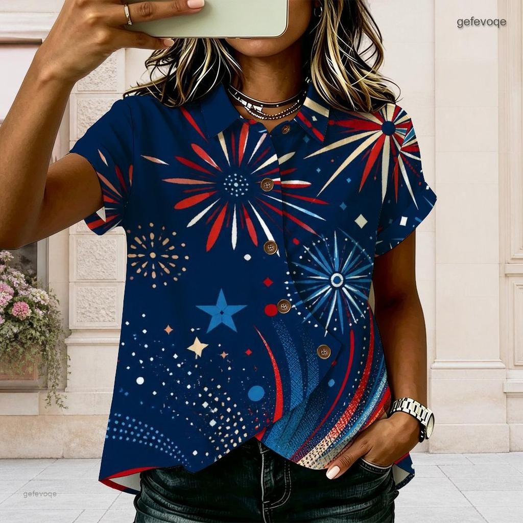 Plus Size Women Collared Short Sleeve Blouse Geometric Abstract Line Print Button Front Casual Summer Top