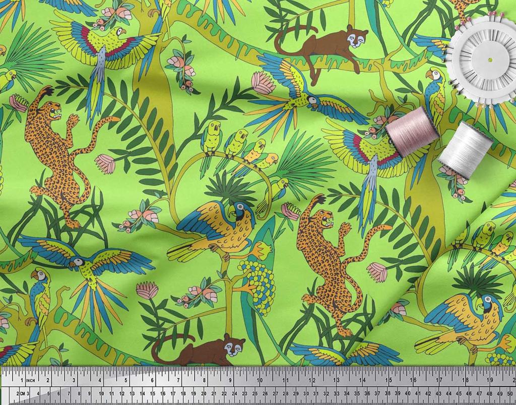 Soimoi Japan Crepe Satin Fabric Branches,Parrot & Leopard Jungle Print Fabric by the metre 42 Inch