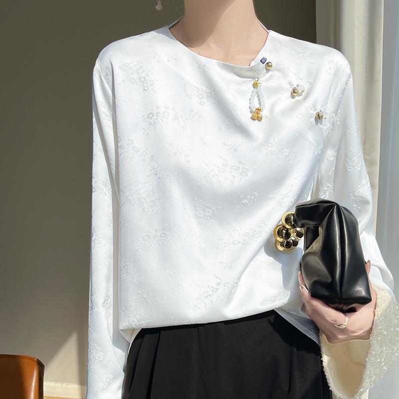 Chinese Style Summer New Chinese Style Shirt Jacquard Satin Cuff Sequins Fashionable Temperament Fashionable Shirt Women