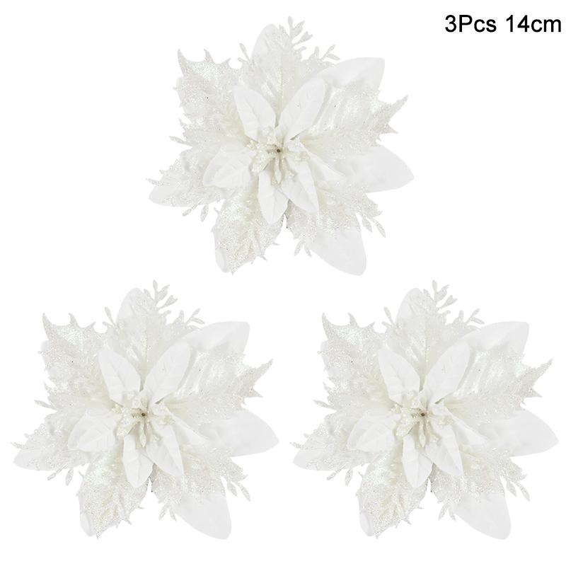 3 st 14 cm Julblommor Glitter Konstgjorda Röda Guld Blomhuvud Bär DIY Julgrans Prydnader Dekorationer för Hem Nyår