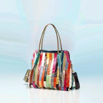 Authentic Leather Women's Tote Snake Pattern Shiny Leather Stripes Contrast Color Tassel Shoulder Bag