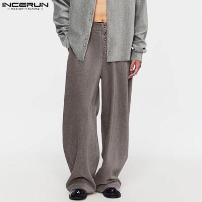 Men Spring High Waist Buttons Solid Casual Long Chunky Pants Trousers 