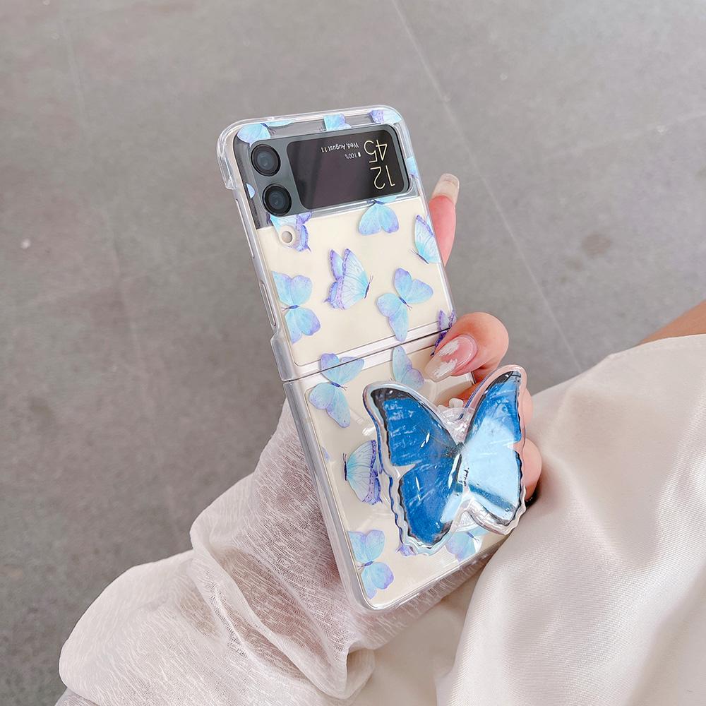 For Samsung Z Flip 4 Case Gradient Butterfly Transparent Case With Holder For Samsung Z Flip 3 Zflip4 Shockproof Hard Back Cover