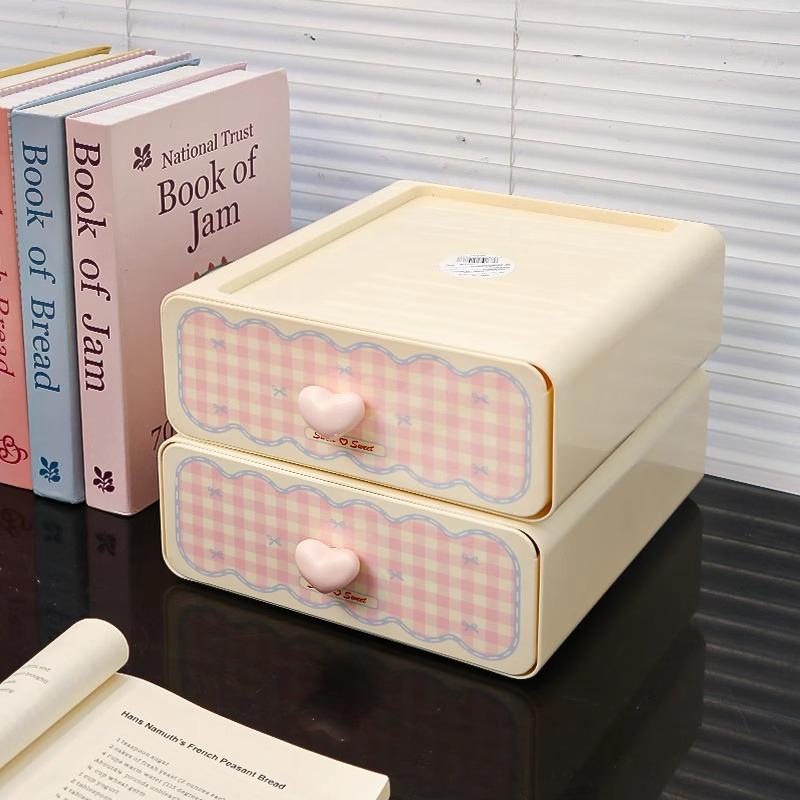 Kawaii Cream Stationery Storage Box Organizer Large Capacity Student Dormitory Sundries Cosmetic Drawer-style Storage Rack Stack