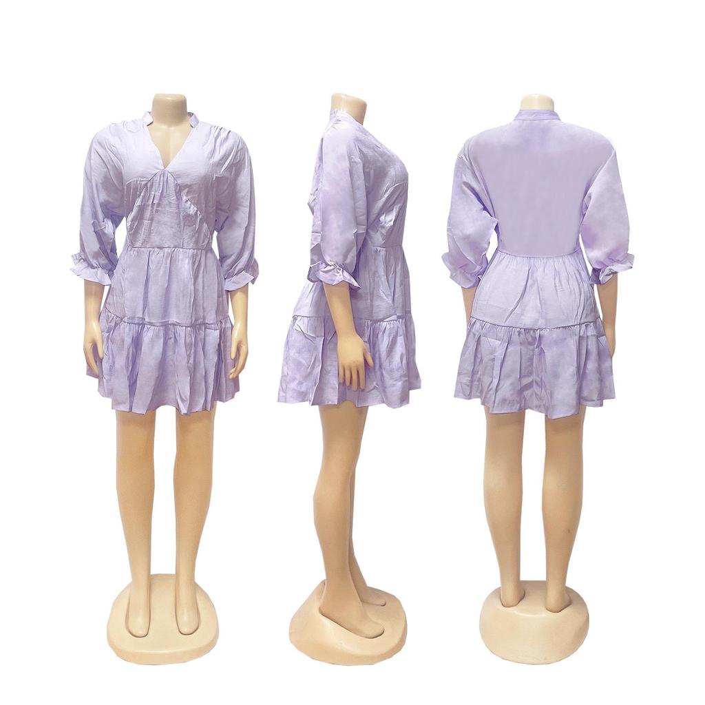 TW748 Casual V-neck Loose Waist Pleated Dress with Three-quarter Sleeves and Wide Hem for Women