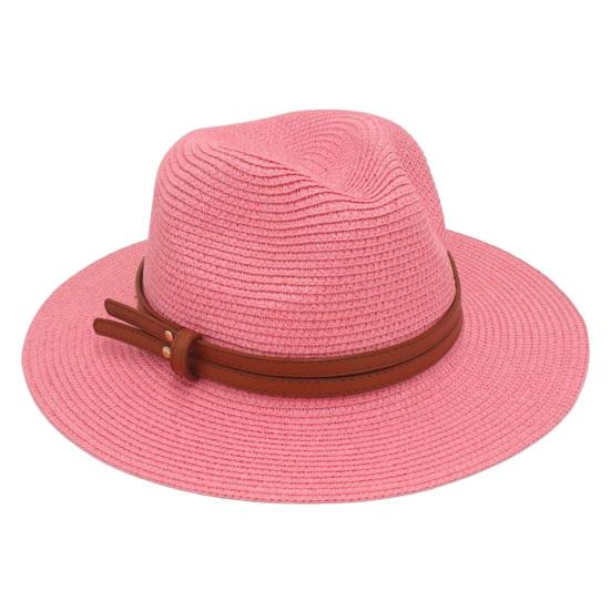 

Women Jazz Hat Wide Brim Faux Leather Belt Decor Beach Straw Hat Adjustable Size UV Protection Foldable Summer Hat розовый