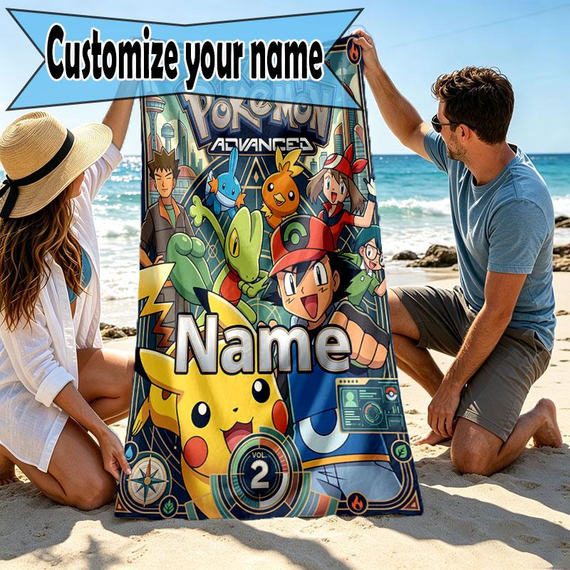 Custom Name Personalized Pocket Monster Print Beach Towel, for Trip Camping Beach Party Home Decor, Birthday Gift for Family & Friends