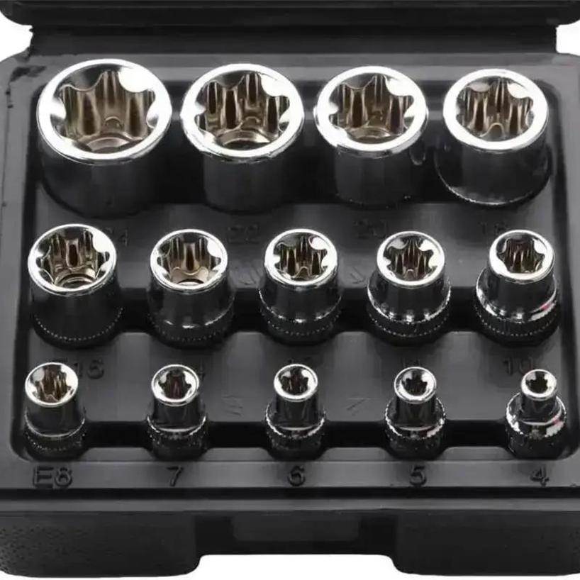 1 Set Female E Torx Socket Set With Case, 1/4, 3/8, 1/2 In. Drive E4-E24 External Torque Star Socket Kit, 14Pcs