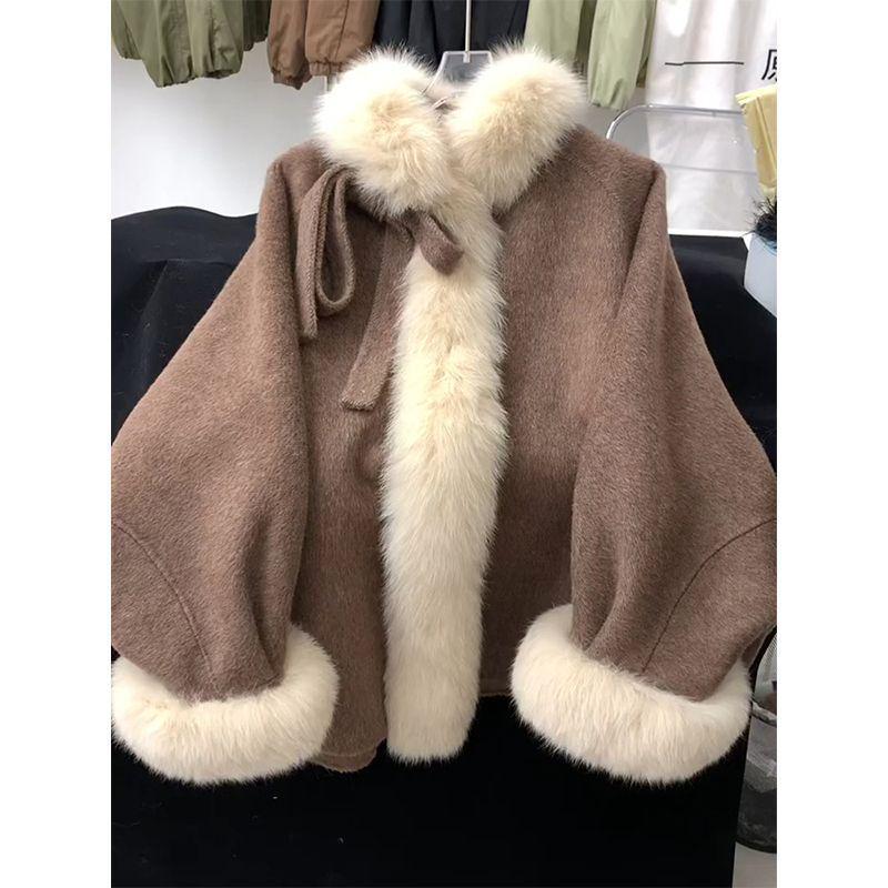 

Brown Maillard French Wool Coat with Fur Collar & Bowknot - Autumn/Winter Age-Reducing Style S 80-95 lbs (reference only)