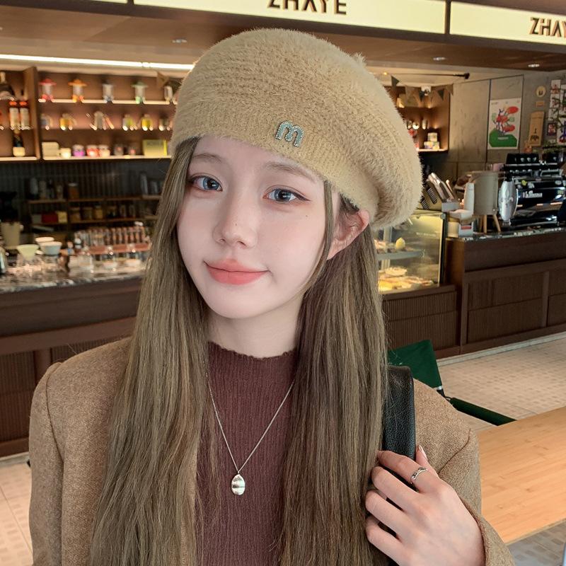 

Korean Version of Autumn and Winter Hat for Women Japanese Beret Solid Color Knitted Wool Hat Winter Beret Hat Warm Painter Hat Thick Hat One Size