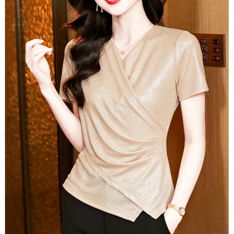 Summer Women's European Clothes T-Shirt Temperament Cross V-Neck Tops Streetwear Female Short Sleeve Slim Trendy Tees
