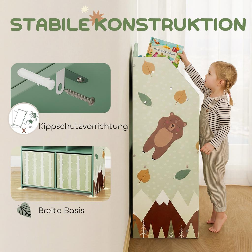 Kinderbücherregal mit Stauraum, Spielzeugaufbewahrungseinheit mit Buchpräsentation, Regale und Stoffschubladen für Spielzimmer Kinderzimmer, Grün