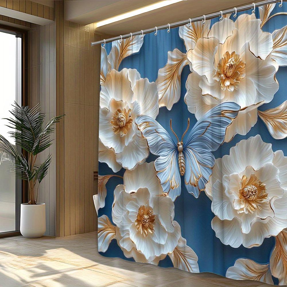 Golden Floral Butterfly Waterproof Mildew-Resistant Shower Curtain - Elegant Design for a Luxurious Bathroom Décor Experience