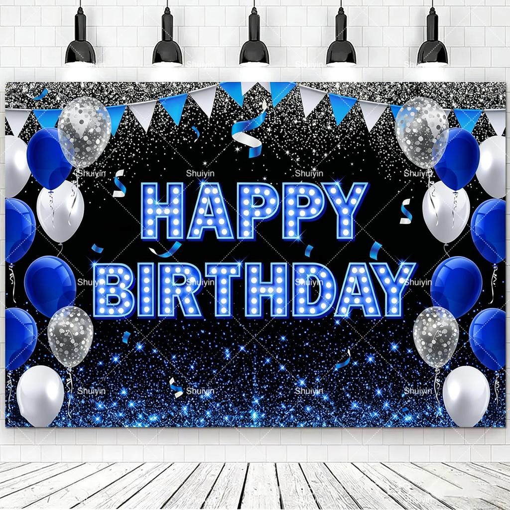 2D Happy Birthday Backdrop Black Blue Balloon Customized Age Kids Adults 18th 20th 30th 40th Birthday Decorations Party Supplies