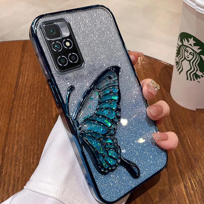 Pouzdro Redmi10 4G Luxusní třpytivé pouzdro s tekutým pískem a motýlem Pro Xiaomi Redmi 10 10C Note10 9 11 8 pro Max 10s 9s Nárazuvzdorný kryt