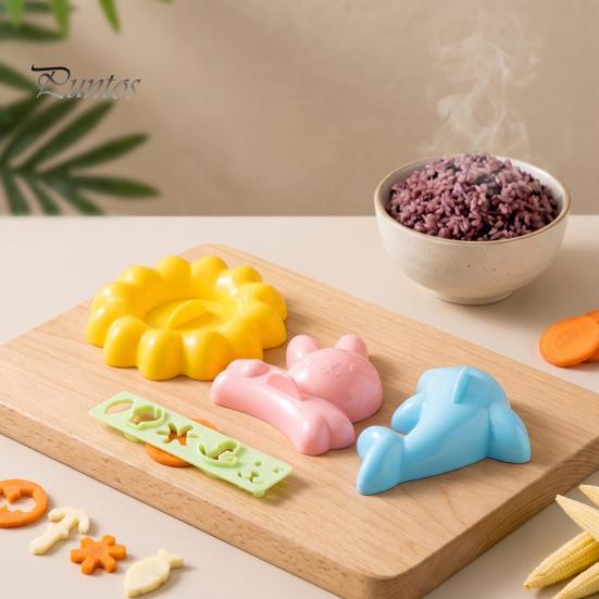 Cute Food Molds 4PCS Rice Ball Molds, Rabbits Dolphins Flowers And Long Shape, Onigiri Maker Press Portable Grade PP Sushi for DIY Japanese