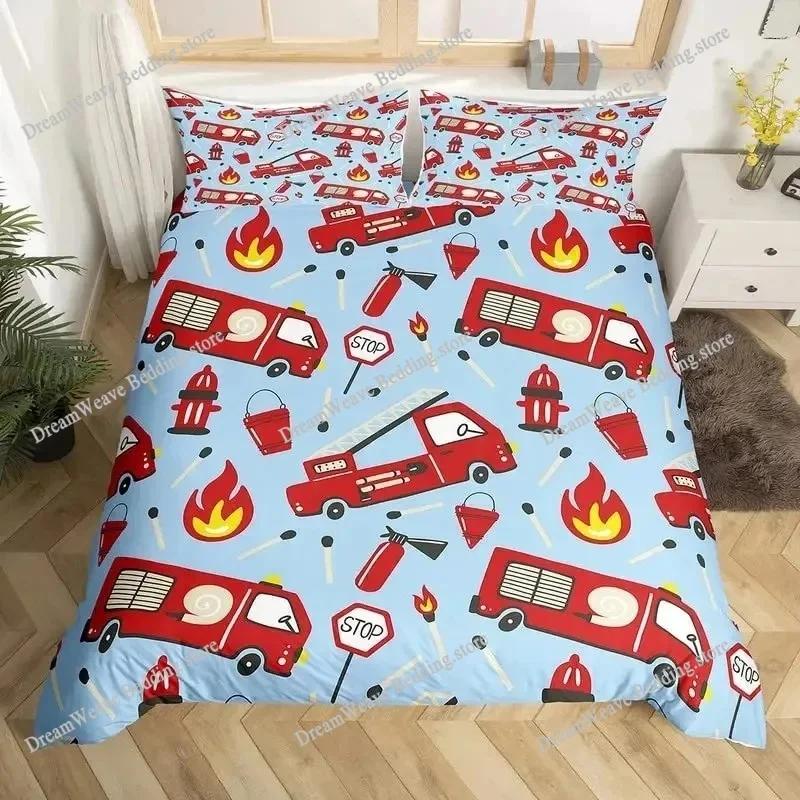 Firefighter Car Duvet Cover Set,Fire Truck Bedding Set King, Honeycomb and Fire Comforter Cover Fire Engine Vehicle Quilt Cover