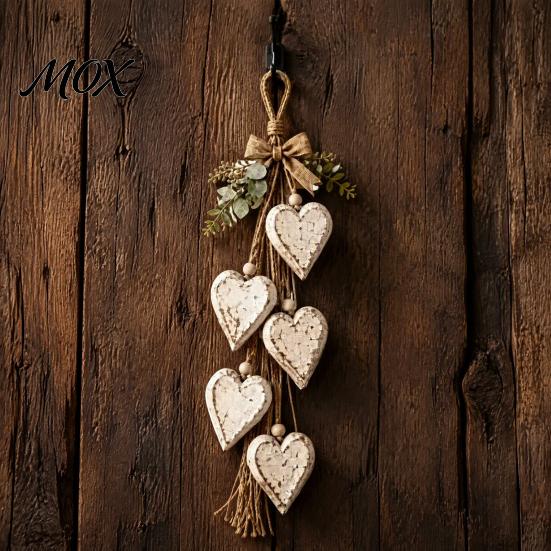 Handmade Farmhouse Wall Art Hanging Heart Decor with 5 Layer Wooden Hearts, Vintage Boho Wood Rustic Trinket Shelf for Living Room Bedroom, Decoration