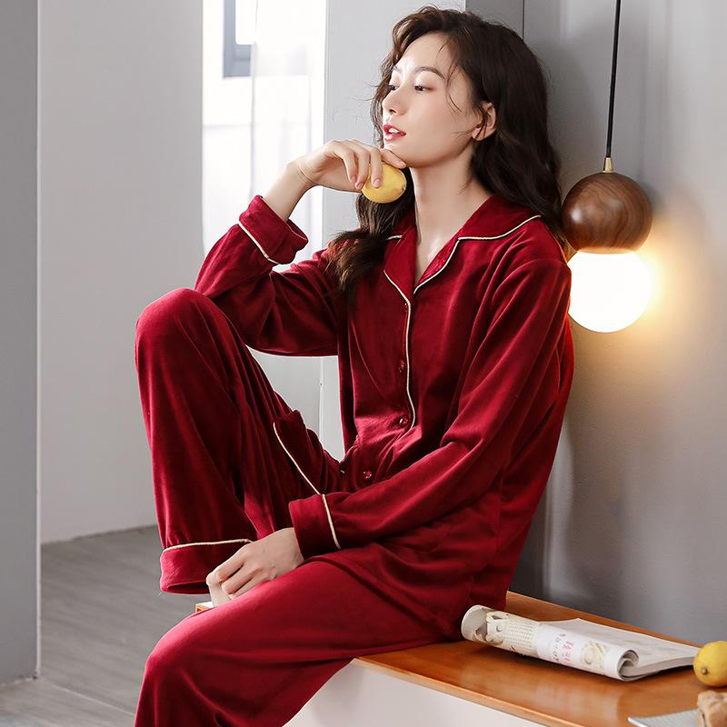 Coral Fleece Pajamas Women'S Autumn And Winter Thickened Fleece Warm Flannel Winter Loungewear Set