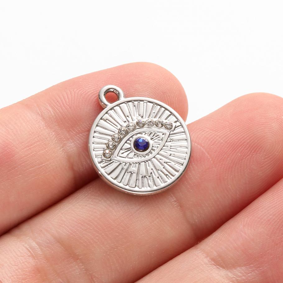 6pcs Evil Blue Eye Charm Dark Blue Heart Moon Eyes Pendant Rhinestone Stainless Steel Charm For Jewelry Making Necklace Keychain