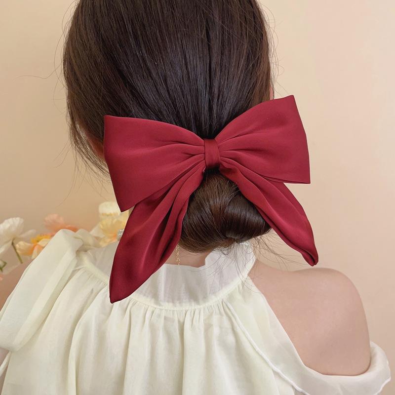 Vintage Red Large Satin Bow Elastic Hair Bands Ties for Women Girls Fashion Solid Rubber Bands Scrunchies Hair Accessories